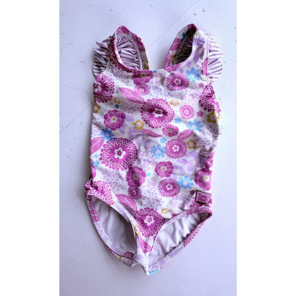 RuffleButts Floral Flutter Sleeve One Piece Swimsuit Bow Pink Girls 3T - Picture 1 of 5